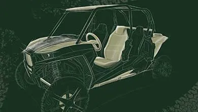 White line art concept sketch of a two-seater, off-road utility vehicle with light-colored seats, against a dark green background