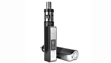 Two black and silver vapes on a white background, one upright and one horizontal.