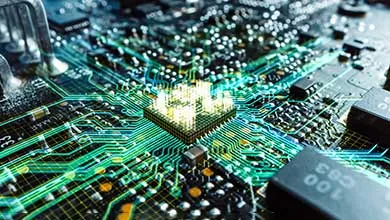 Close-up of a computer circuit board showing a central processing chip glowing yellow, with green and blue illuminated circuits radiating outward.