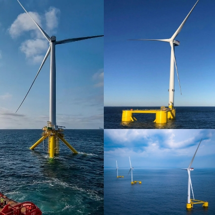 Collage of three images showing white offshore wind turbines on yellow, semi-submersible platforms in the blue ocean: a close-up of a turbine base, a single full turbine, and three turbines in a row.