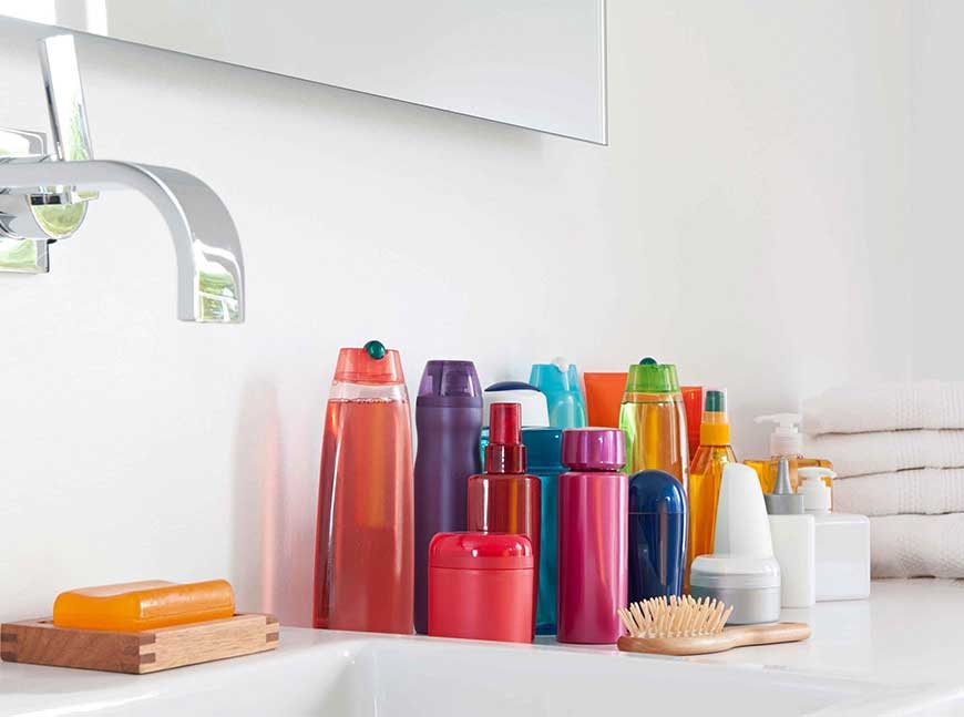 colorful bottles on bathroom counter