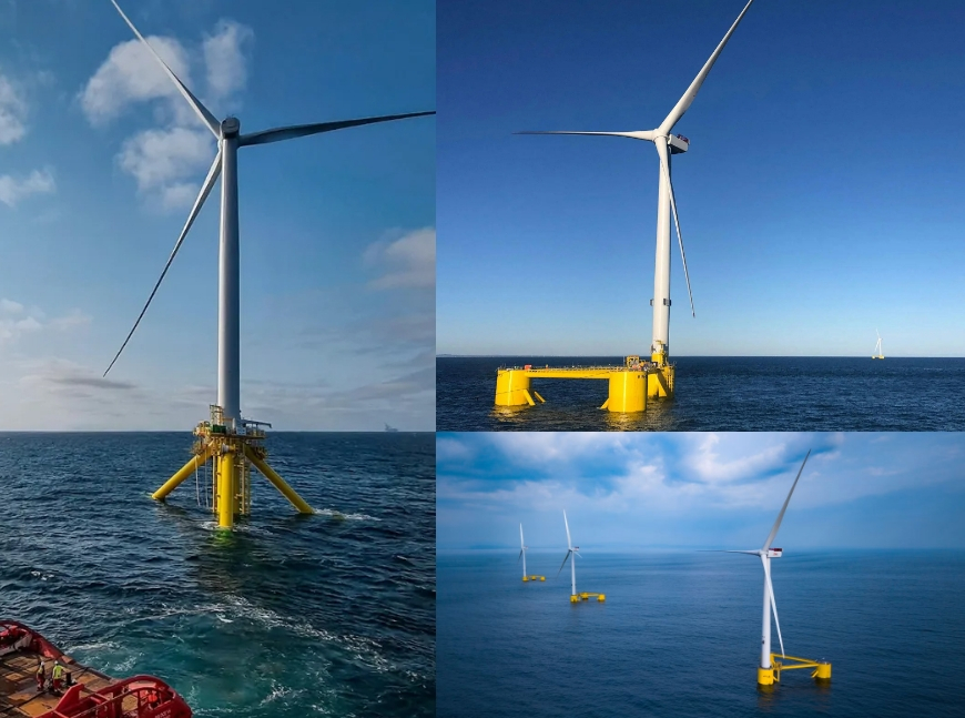 Collage of three images showing white offshore wind turbines on yellow, semi-submersible platforms in the blue ocean: a close-up of a turbine base, a single full turbine, and three turbines in a row.