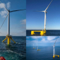 Collage of three images showing white offshore wind turbines on yellow, semi-submersible platforms in the blue ocean: a close-up of a turbine base, a single full turbine, and three turbines in a row.