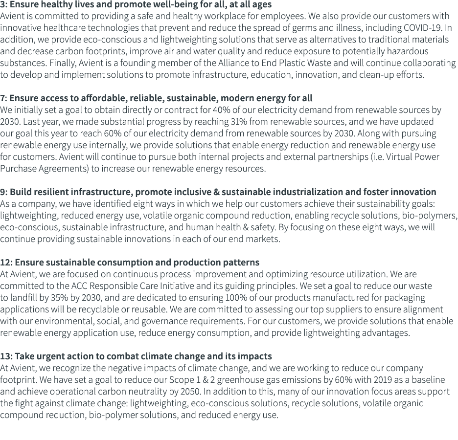 3: Ensure healthy lives and promote well-being for all, at all ages Avient is committed to providing a safe and healt   