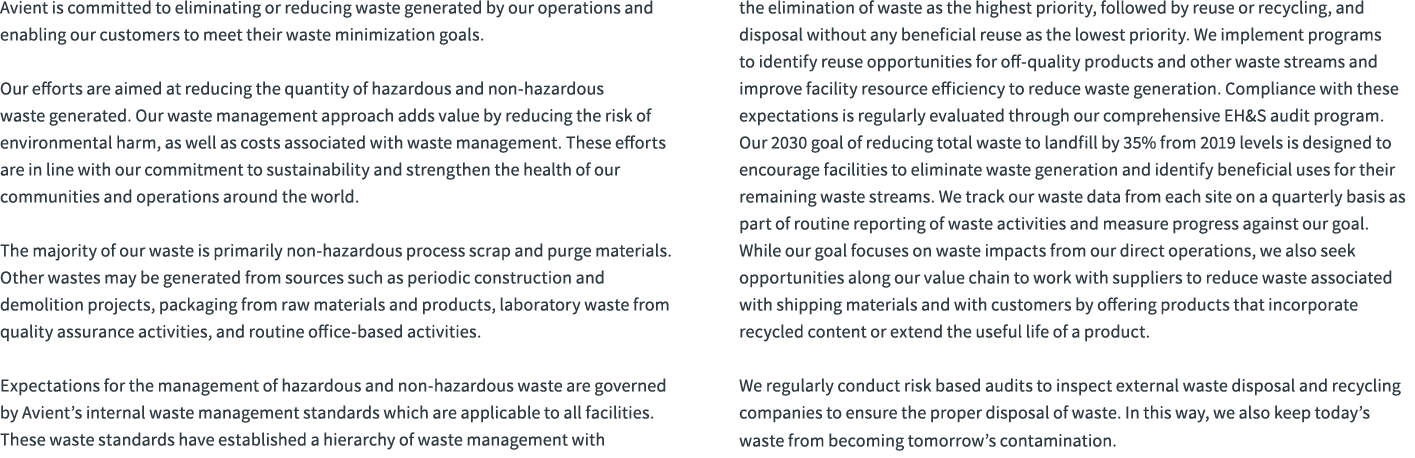 Avient is committed to eliminating or reducing waste generated by our operations and enabling our customers to meet t...